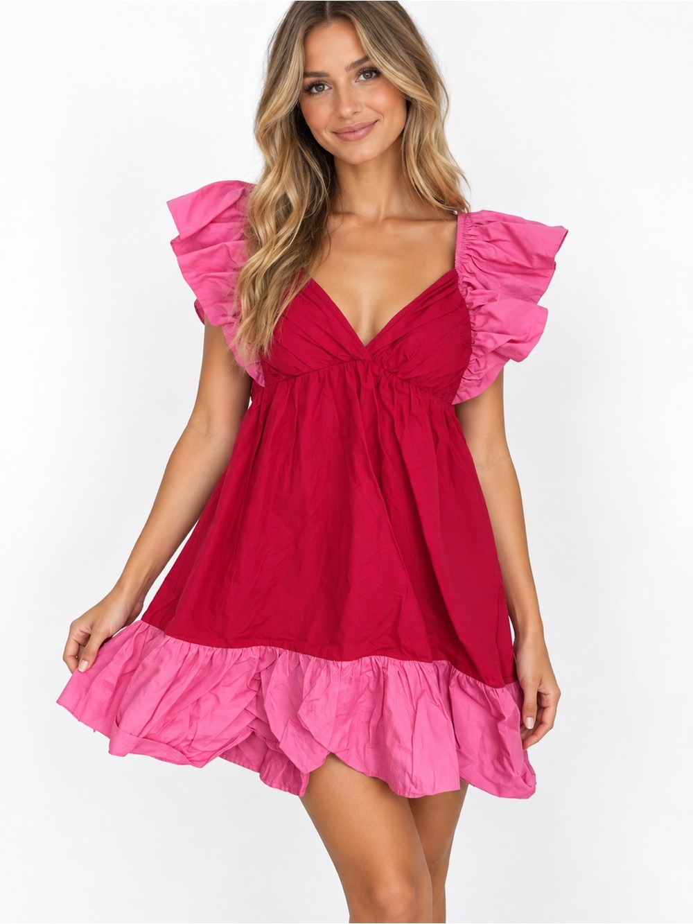 Day + Moon Two-Tone Ruffle Mini Dress in Raspberry and Pink